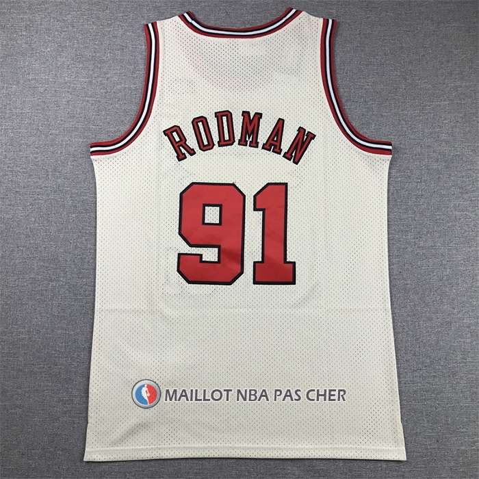 Maillot Chicago Bulls Dennis Rodman NO 91 Mitchell & Ness Chainstitch Creme